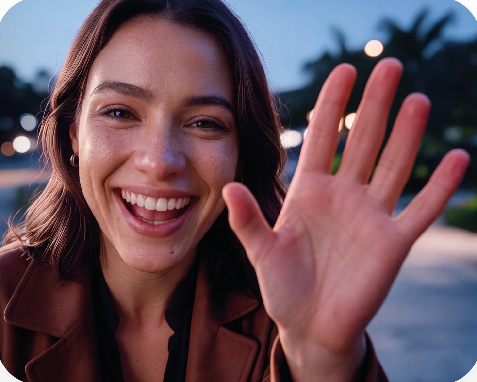Moradora sorrindo e acenando ao chegar no condomínio